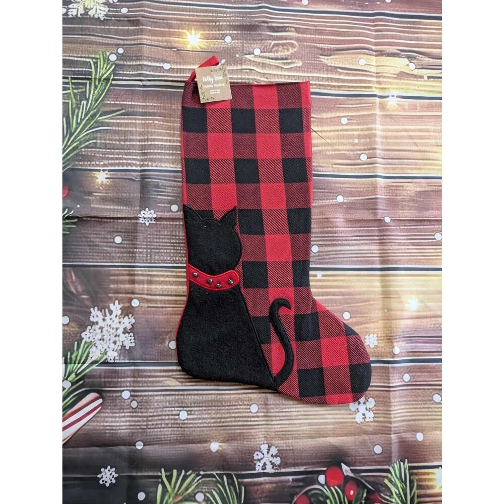 NEW Red Black Buffalo Plaid Cat Christmas Stocking With Bells Holiday
